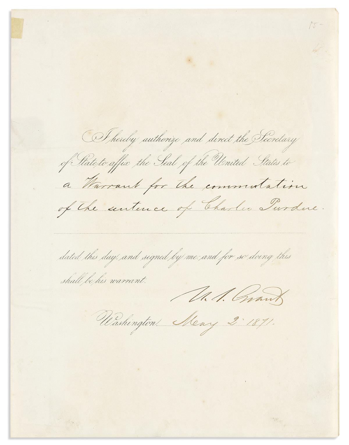 GRANT, ULYSSES S. Partly-printed Document Signed, U.S. Grant, as President,